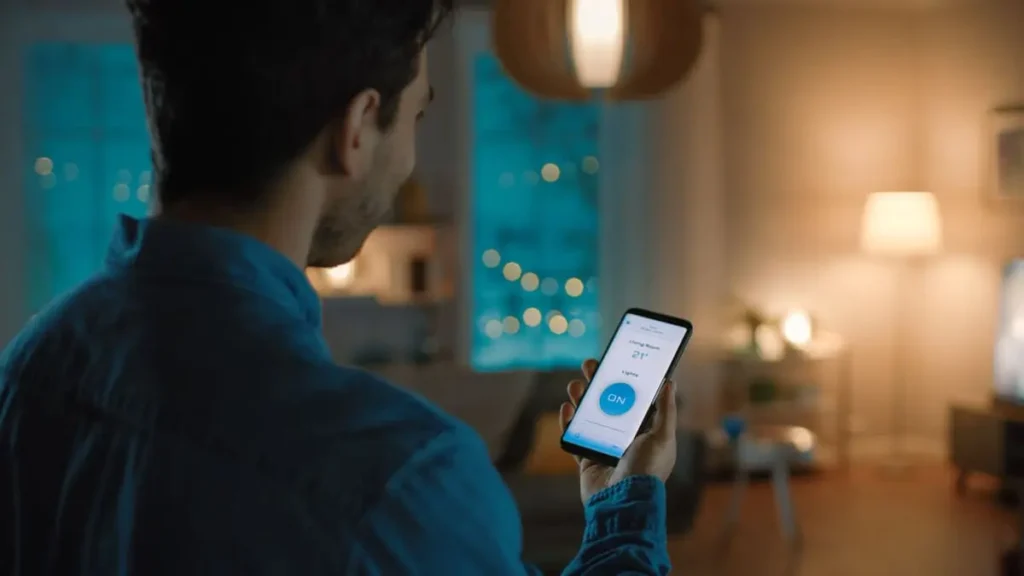 Man using voice control on his phone to set the lights in a cozy living room, smart light switch vs smart bulb
