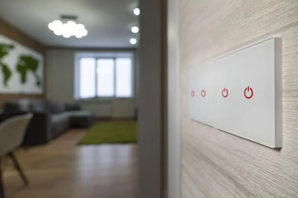 Modern white smart light switch on a living room wall