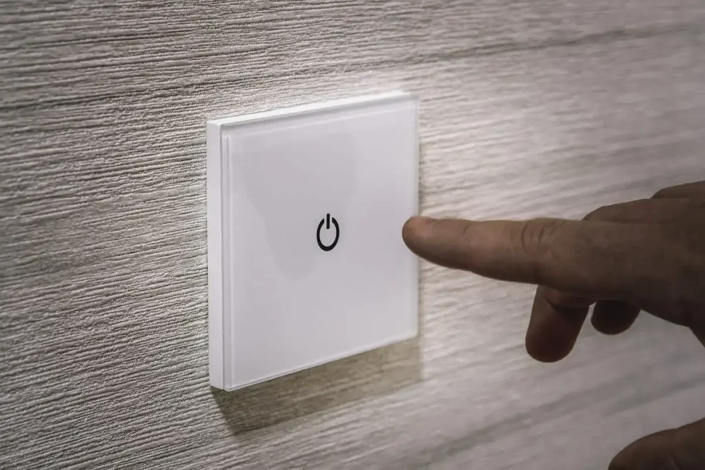 Finger pressing a touch-sensitive smart light switch on a white wall