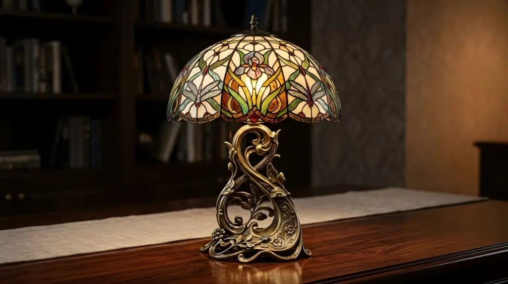 Tiffany-style table lamp with a stained-glass shade in a book-lined room