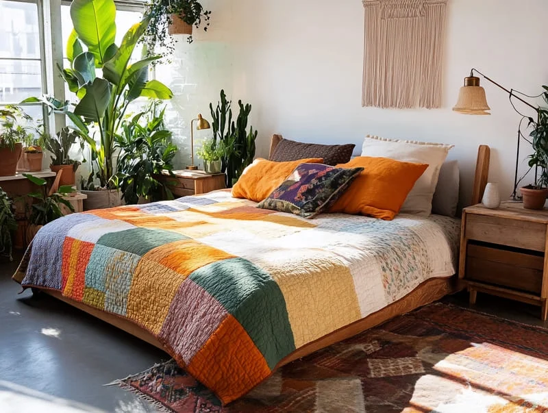 Goblincore bedroom with a cozy bed, colorful patchwork quilt, houseplants, and warm lighting.
