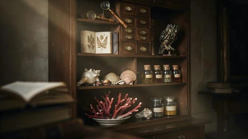 Vintage wooden cabinet displaying seashells and old glass bottles in a cozy goblincore bedroom.