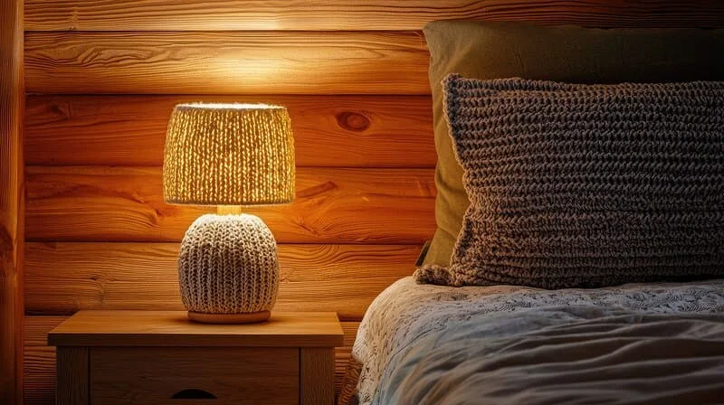 Bedside lamp casting warm light in a wood-paneled bedroom