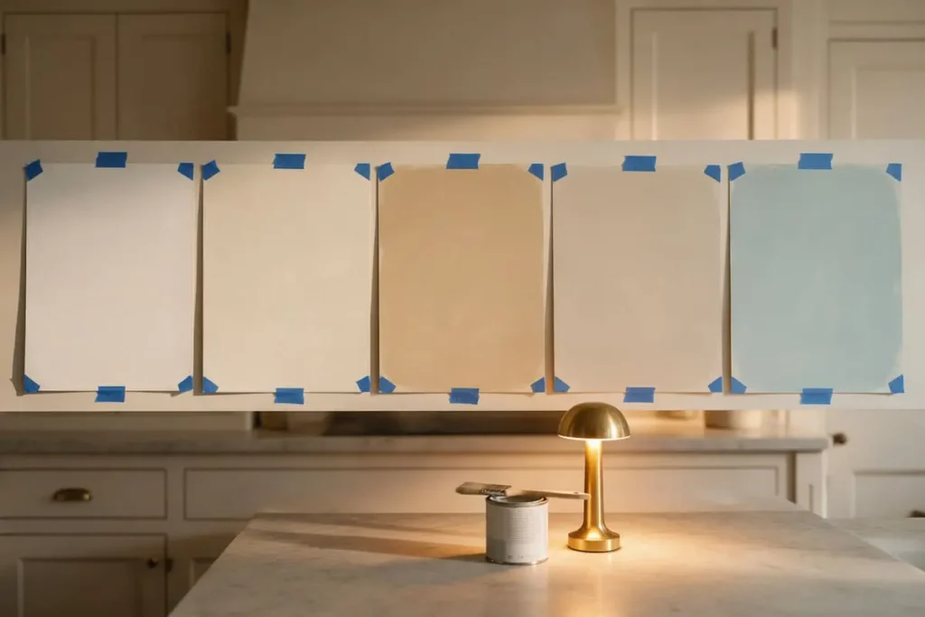 Paint samples for a Nancy Meyers kitchen in warm white, cream, tan and duck-egg blue, taped above a marble counter